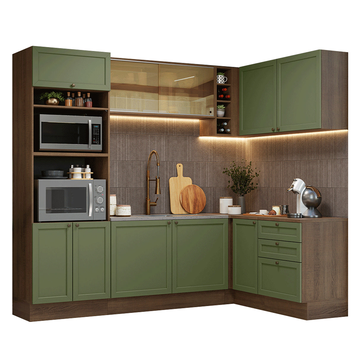 Cocina Integral Vik Marrón y Verde 399x225cm sin Mesón para Pozuelo Izquierda y sin Estufa