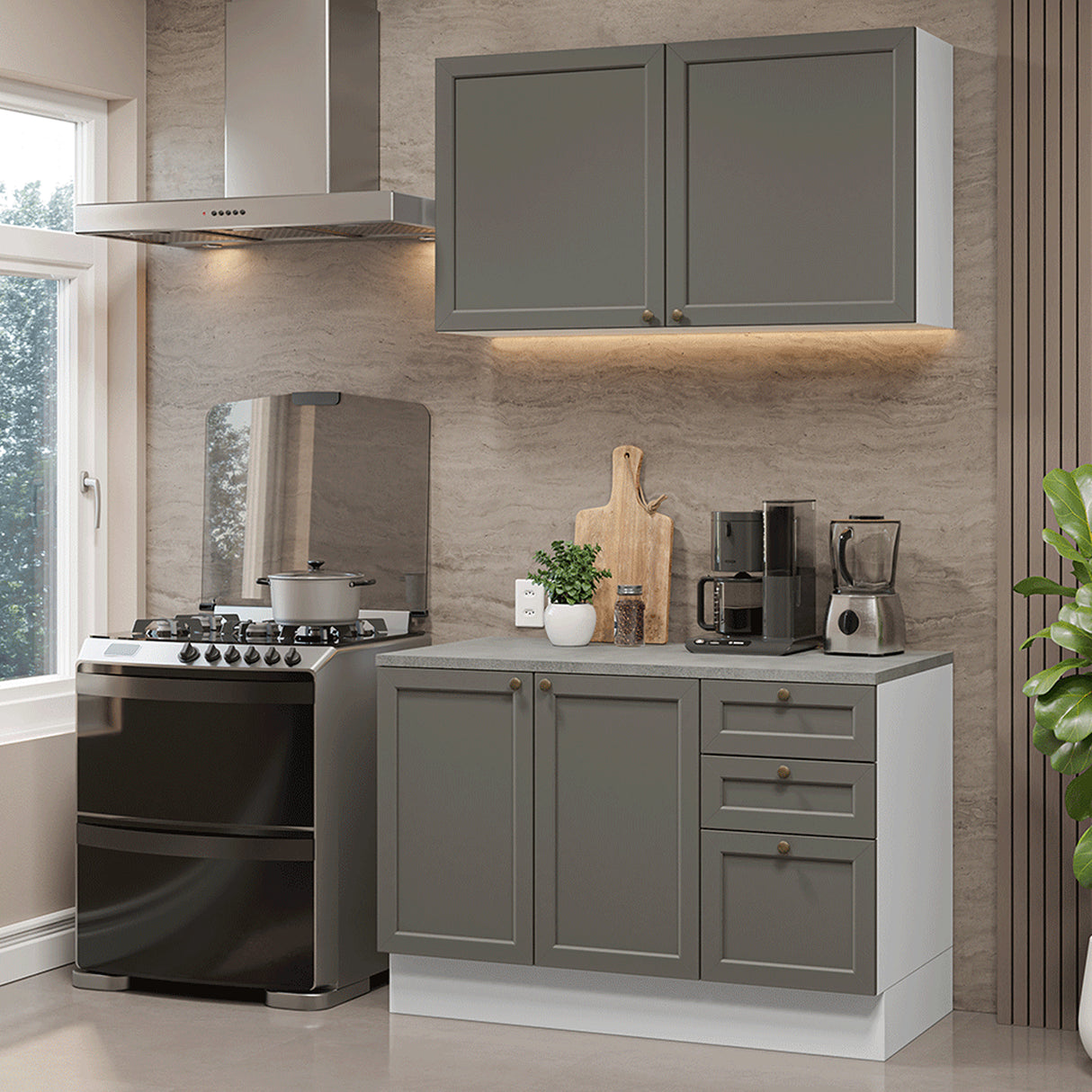 Cocina Integral Vik Blanco y Gris 120x225cm con Mesón de Madera Aglomerada Mdp y sin Estufa