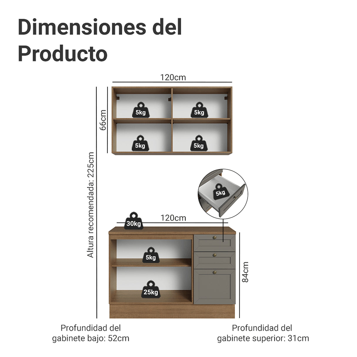 Cocina Integral Vik Marrón y Gris 120x225cm con Mesón de Madera Aglomerada Mdp y sin Estufa