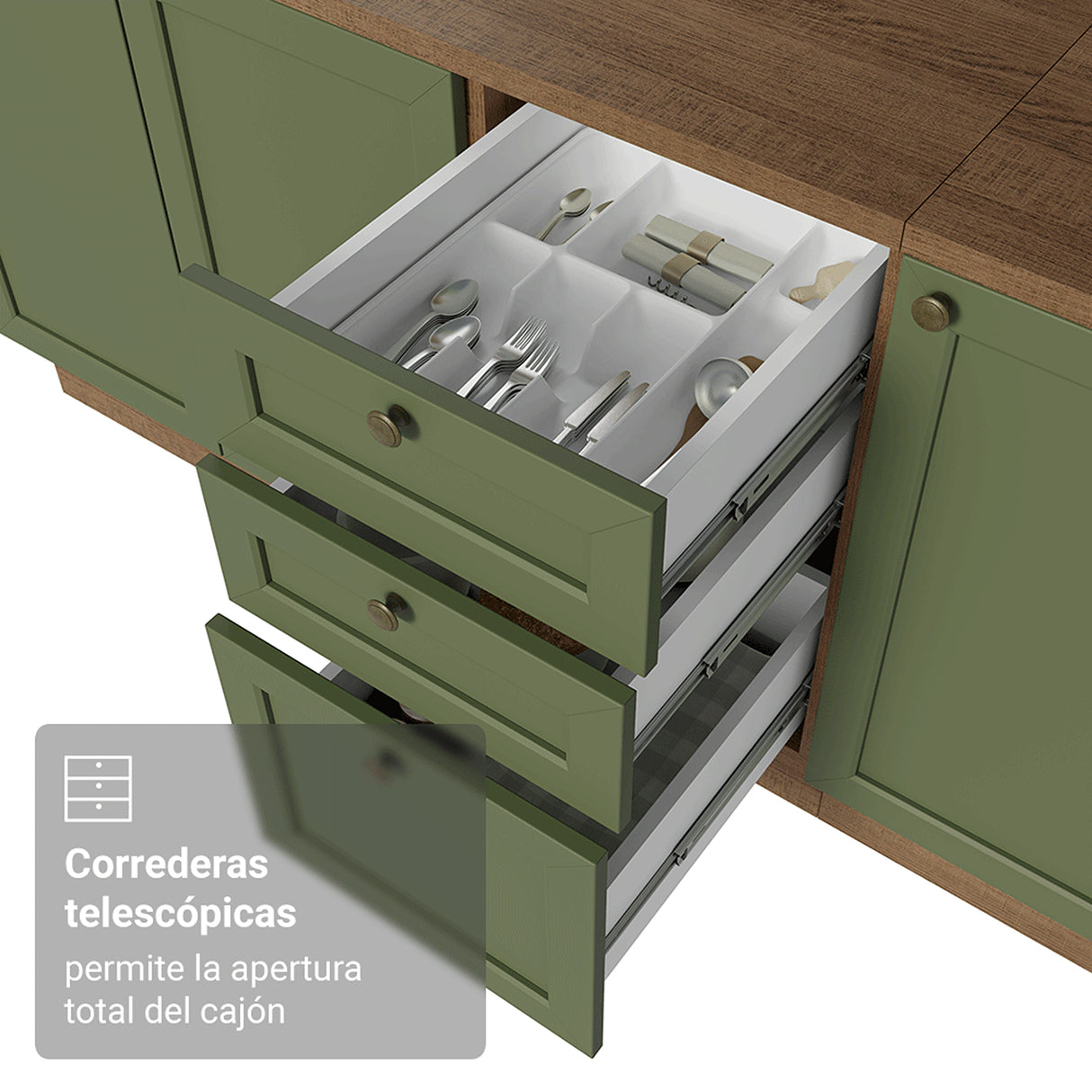 Cocina Integral Vik Marrón y Verde 120x225cm con Mesón de Madera Aglomerada Mdp y sin Estufa