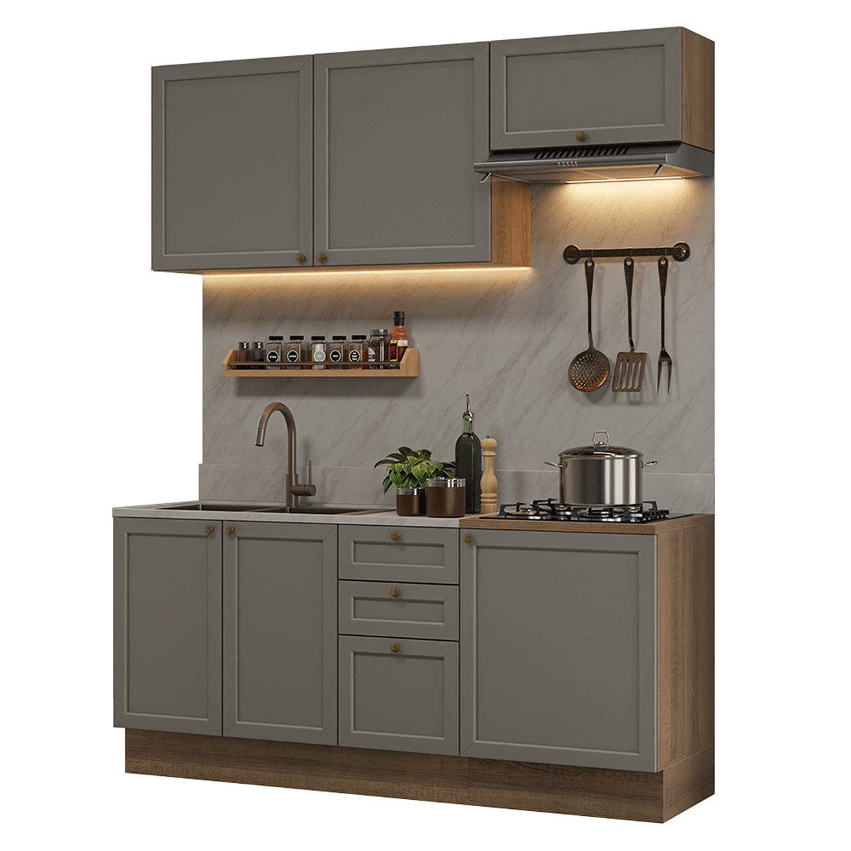 Cocina Integral Vik Marrón y Gris 180x225cm sin Mesón para Pozuelo Izquierda con Tres Puertas Inferiores y sin Estufa