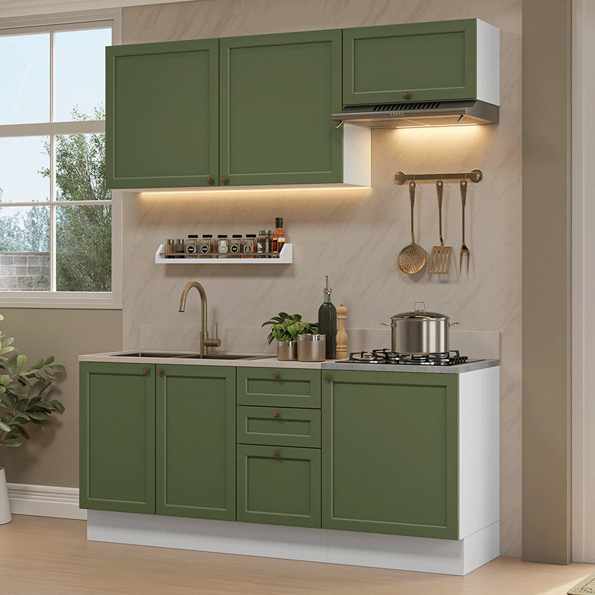 Cocina Integral Vik Blanco y Verde 180x225cm sin Mesón para Pozuelo Izquierda con Tres Puertas Inferiores y sin Estufa