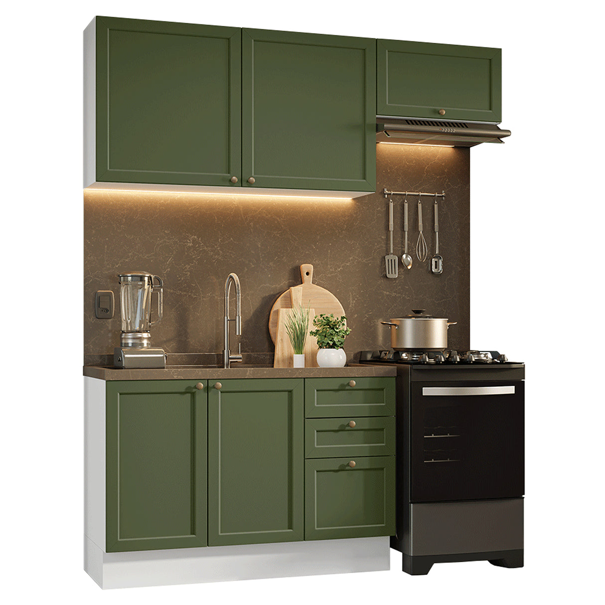 Cocina Integral Vik Blanco y Verde 180x225cm sin Mesón para Pozuelo Izquierda con Dos Puertas Inferiores y sin Estufa