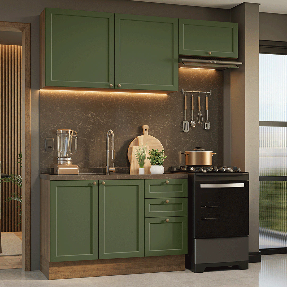 Cocina Integral Vik Marrón y Verde 180x225cm sin Mesón para Pozuelo Izquierda con Dos Puertas Inferiores y sin Estufa