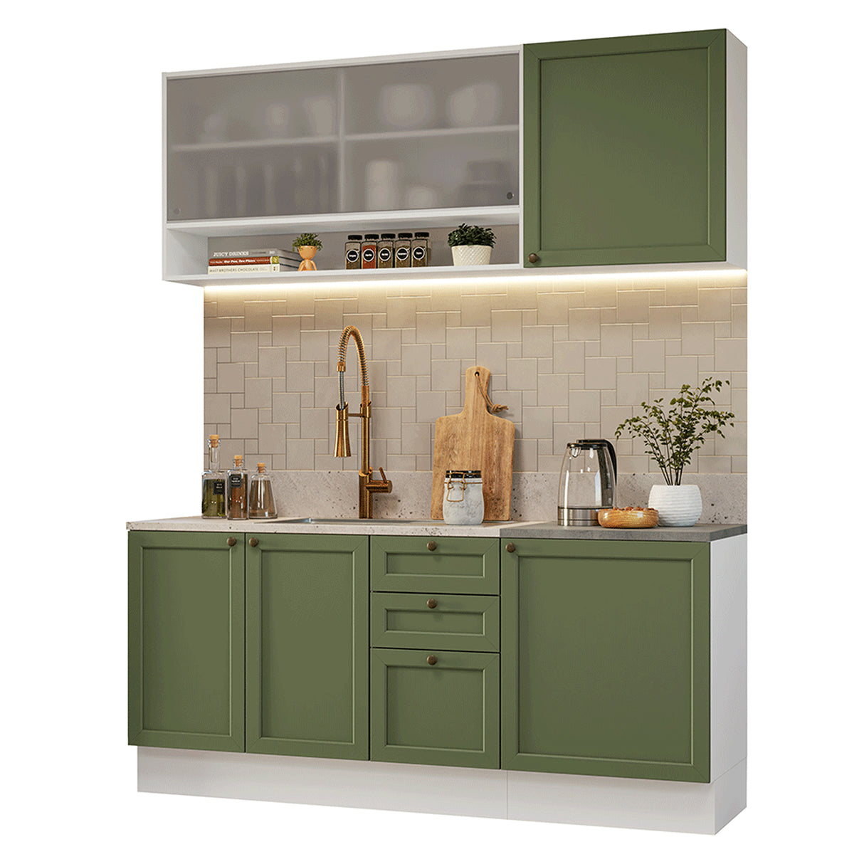 Cocina Integral Vik Blanco y Verde 180x225cm sin Mesón para Pozuelo Izquierda con Puertas de Vidrio y sin Estufa