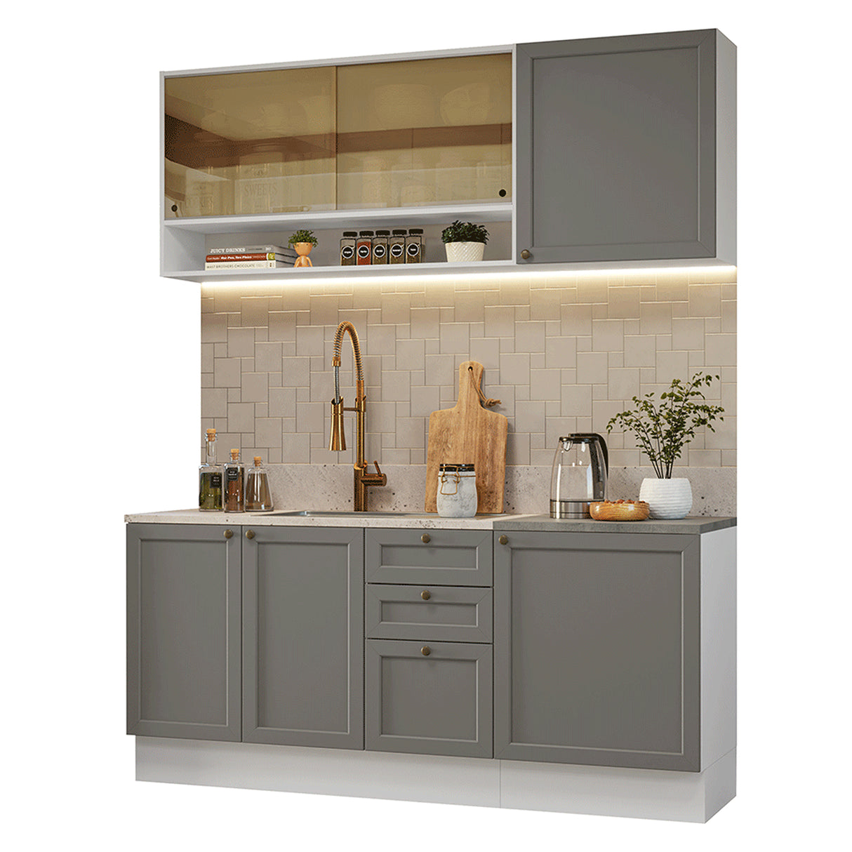 Cocina Integral Vik Blanco y Gris 180x225cm sin Mesón para Pozuelo Izquierda don Puertas de Vidrio Amarilloy sin Estufa