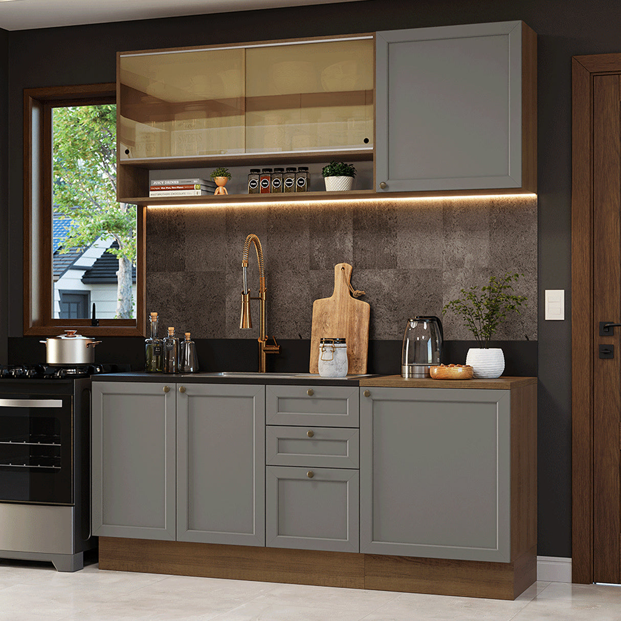 Cocina Integral Vik Marrón y Gris 180x225cm sin Mesón para Pozuelo Izquierda con Puertas de Vidrio Amarillo y sin Estufa