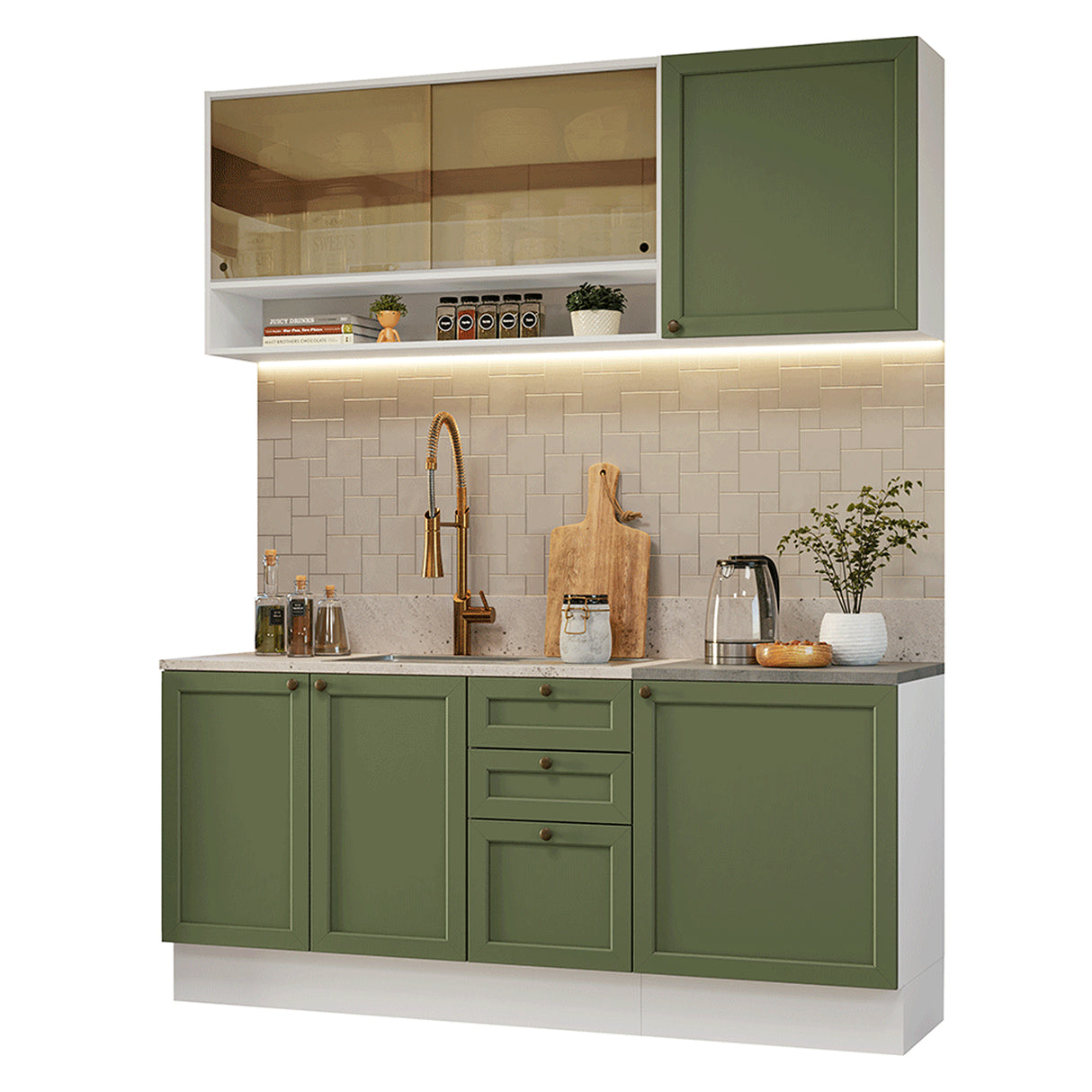 Cocina Integral Vik Blanco y Verde 180x225cm sin Mesón para Pozuelo Izquierda con Puertas de Vidrio Amarillo y sin Estufa