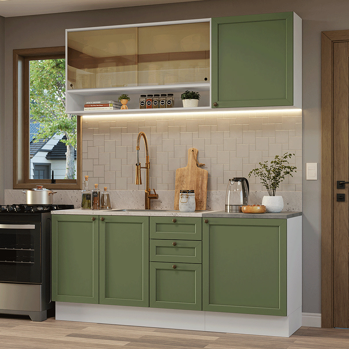 Cocina Integral Vik Blanco y Verde 180x225cm sin Mesón para Pozuelo Izquierda con Puertas de Vidrio Amarillo y sin Estufa