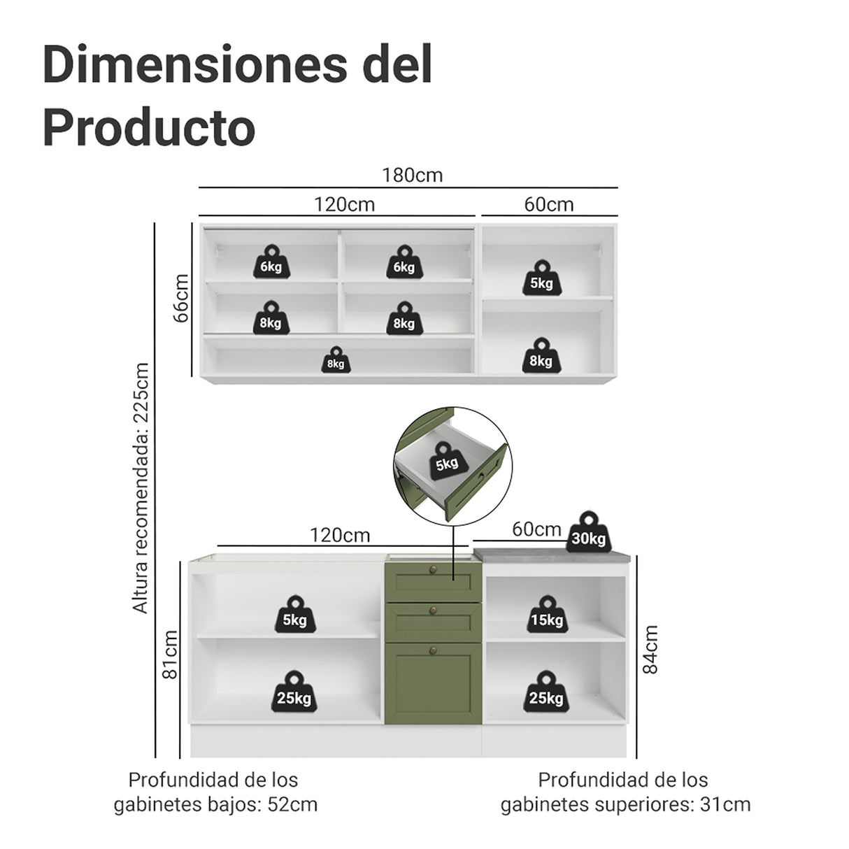 Cocina Integral Vik Blanco y Verde 180x225cm sin Mesón para Pozuelo Izquierda con Puertas de Vidrio Amarillo y sin Estufa