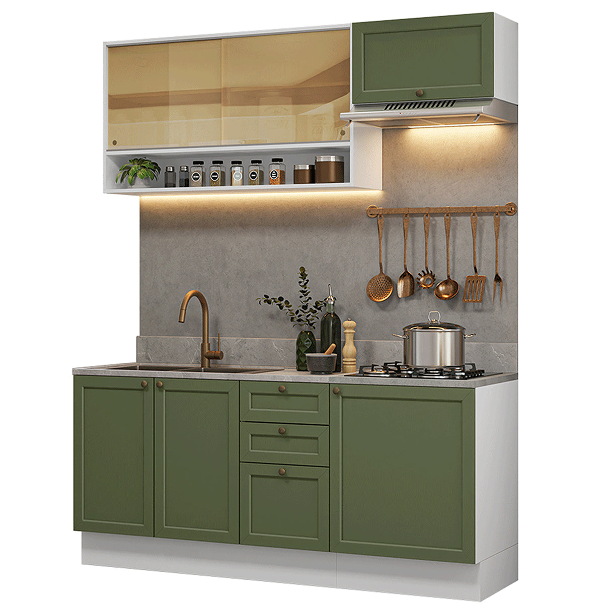 Cocina Integral Vik Blanco y Verde 180x225cm sin Mesón para Pozuelo Izquierda con Espacio para Campana y sin Estufa