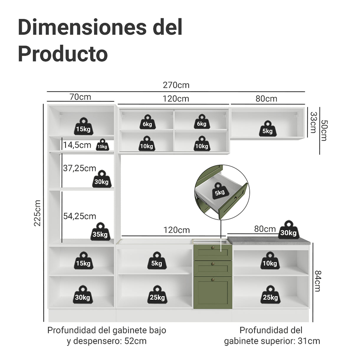 Cocina Integral Vik Blanco y Verde 270x225cm sin Mesón para Pozuelo Izquierda con Puertas de Vidrio Amarillo y sin Estufa