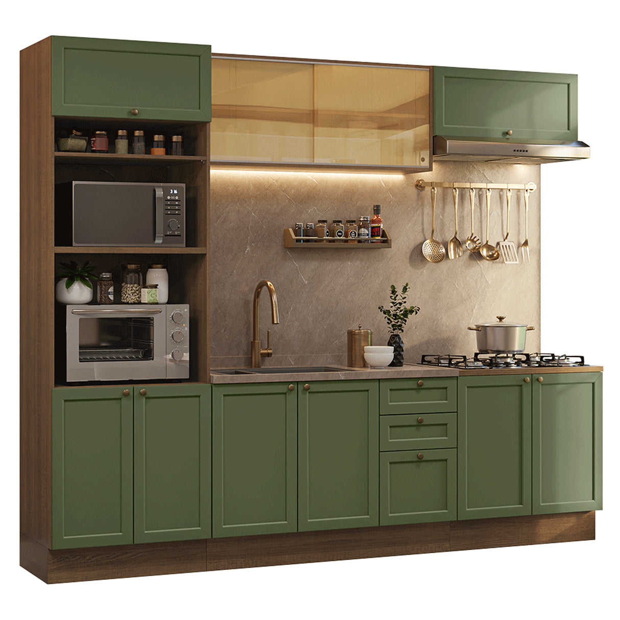 Cocina Integral Vik Marrón y Verde 270x225cm sin Mesón para Pozuelo Izquierda con Puertas de Vidrio Amarillo y sin Estufa