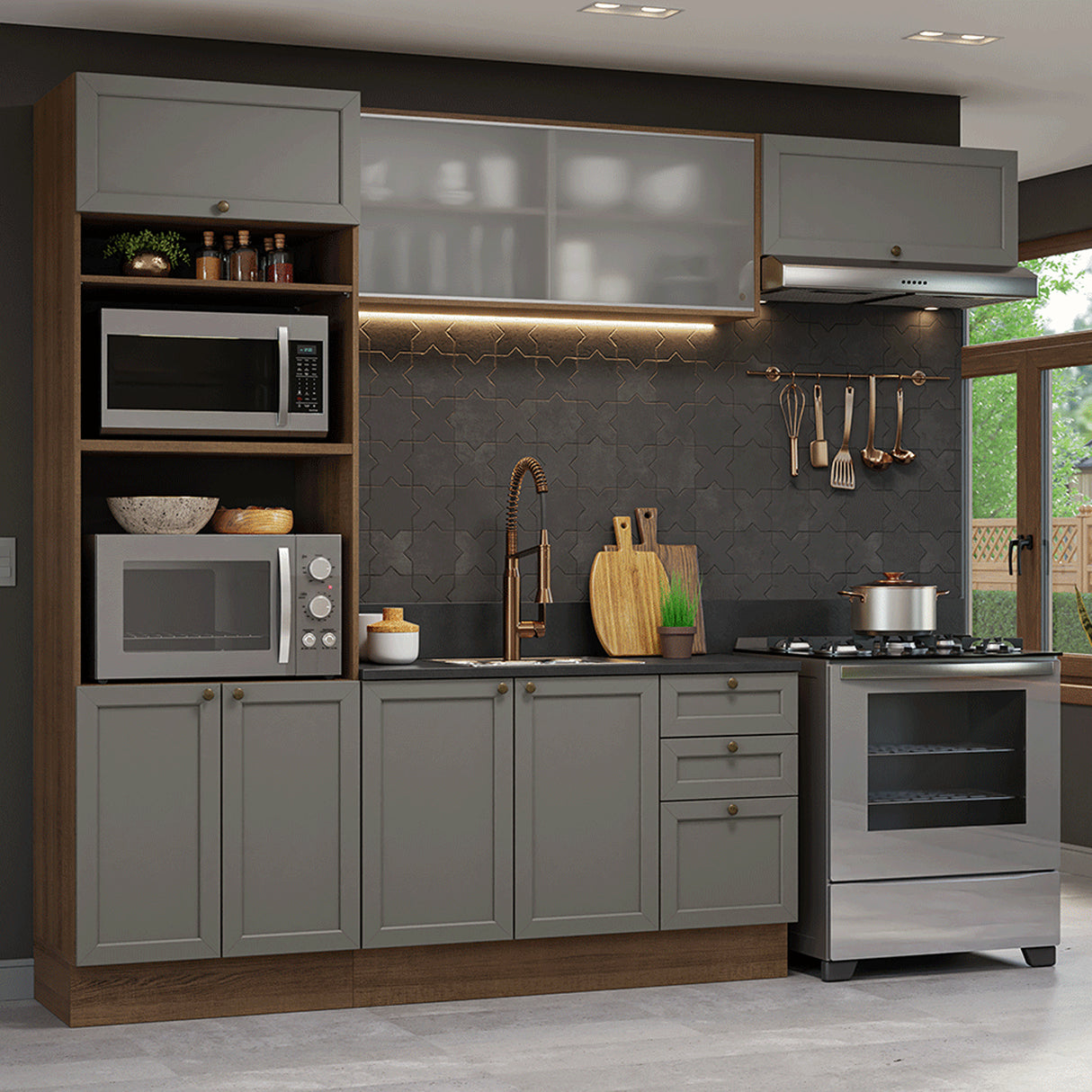 Cocina Integral Vik Marrón y Gris 270x225cm sin Mesón para Pozuelo Izquierda con Puertas de Vidrio y sin Estufa