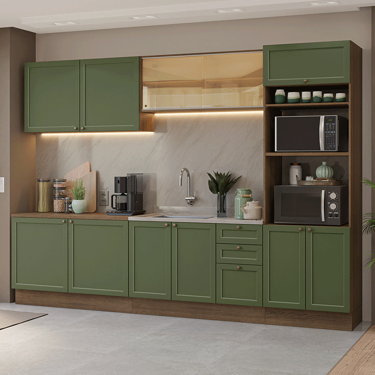 Cocina Integral Vik Marrón y Verde 310x225cm sin Mesón para Pozuelo Izquierda y sin Estufa