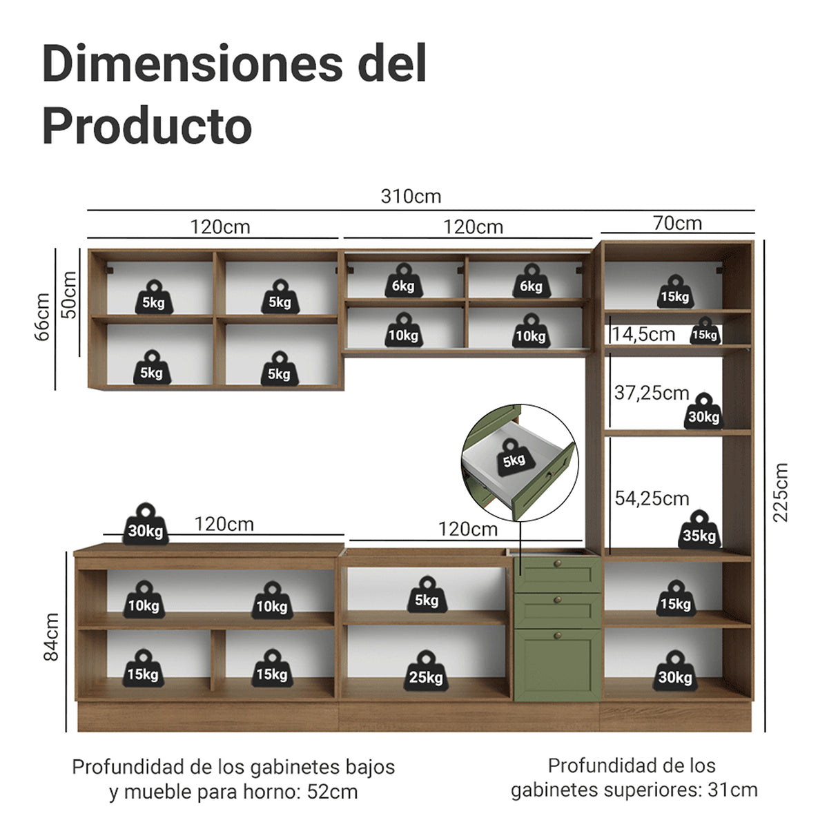 Cocina Integral Vik Marrón y Verde 310x225cm sin Mesón para Pozuelo Izquierda y sin Estufa