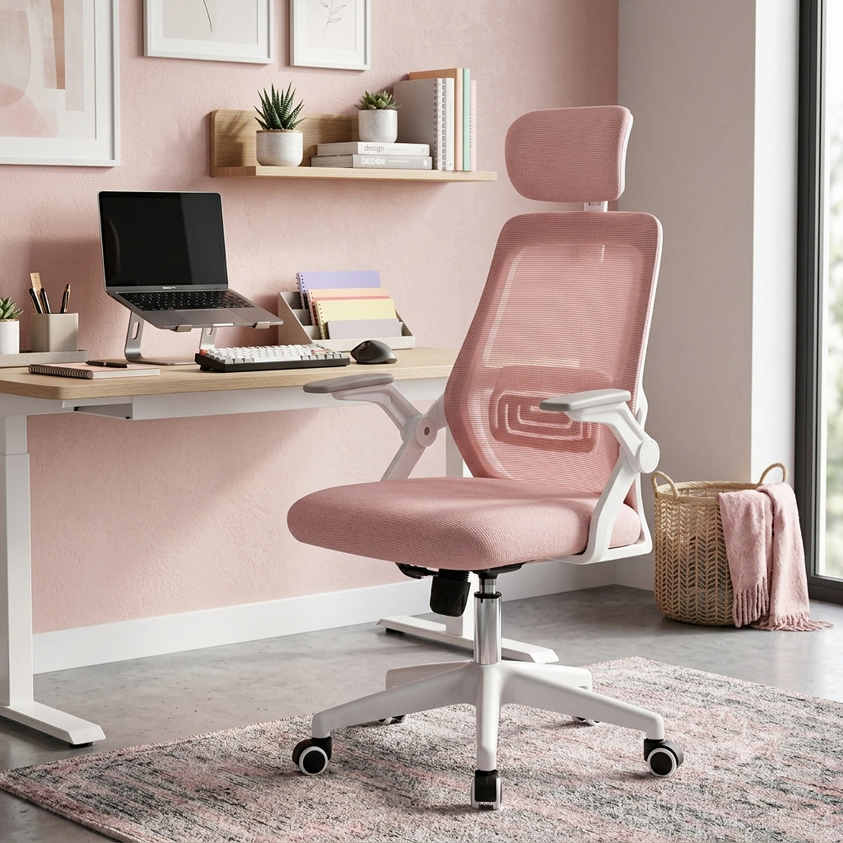Silla Gerencial Rosa 72x119cm con Apoya Brazos con Soporte Lumbar y con Apoya Cabezas