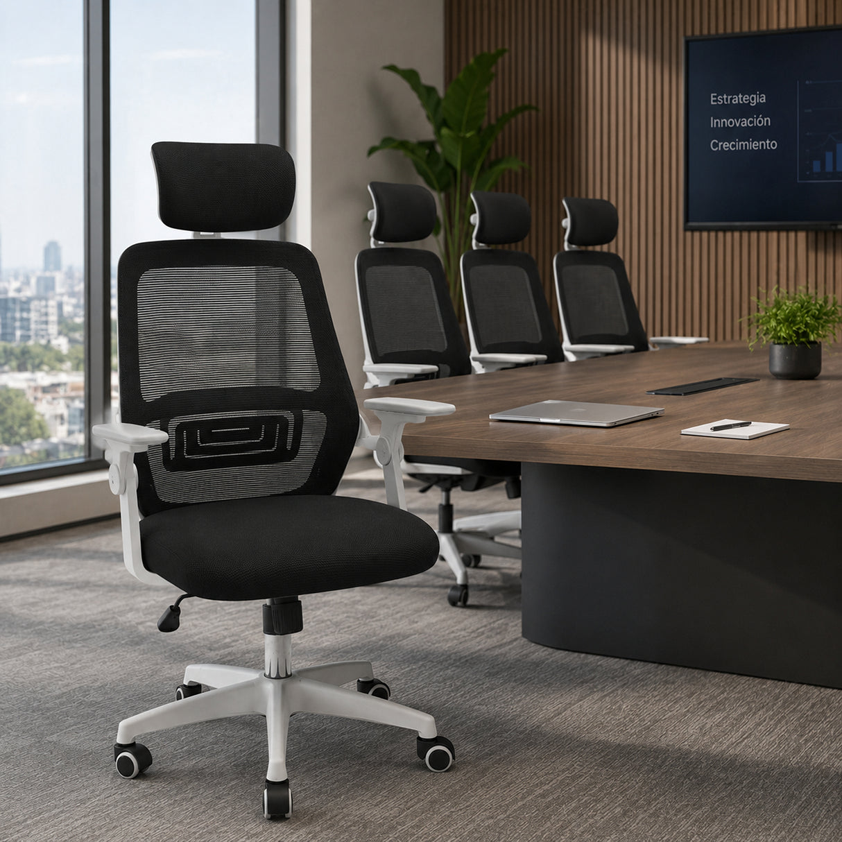Silla Gerencial Negro y Blanco 52x105cm con Apoya Brazos con Soporte Lumbar y con Apoya Cabezas
