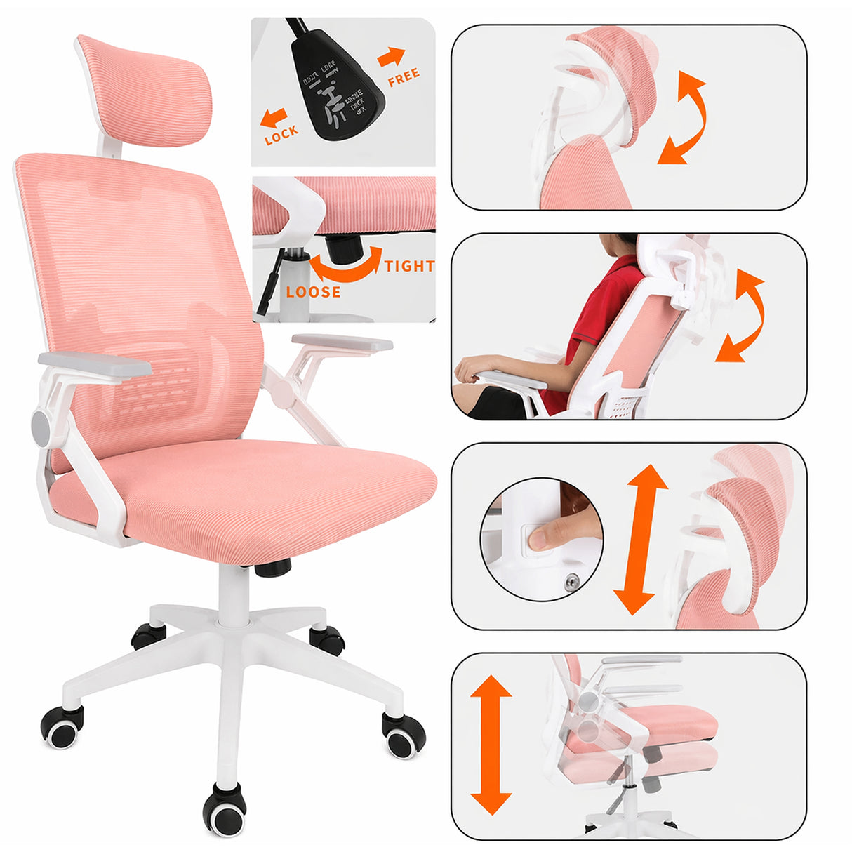 Silla Gerencial Rosa Claro 65x120cm con Apoya Brazos con Soporte Lumbar y con Apoya Cabezas