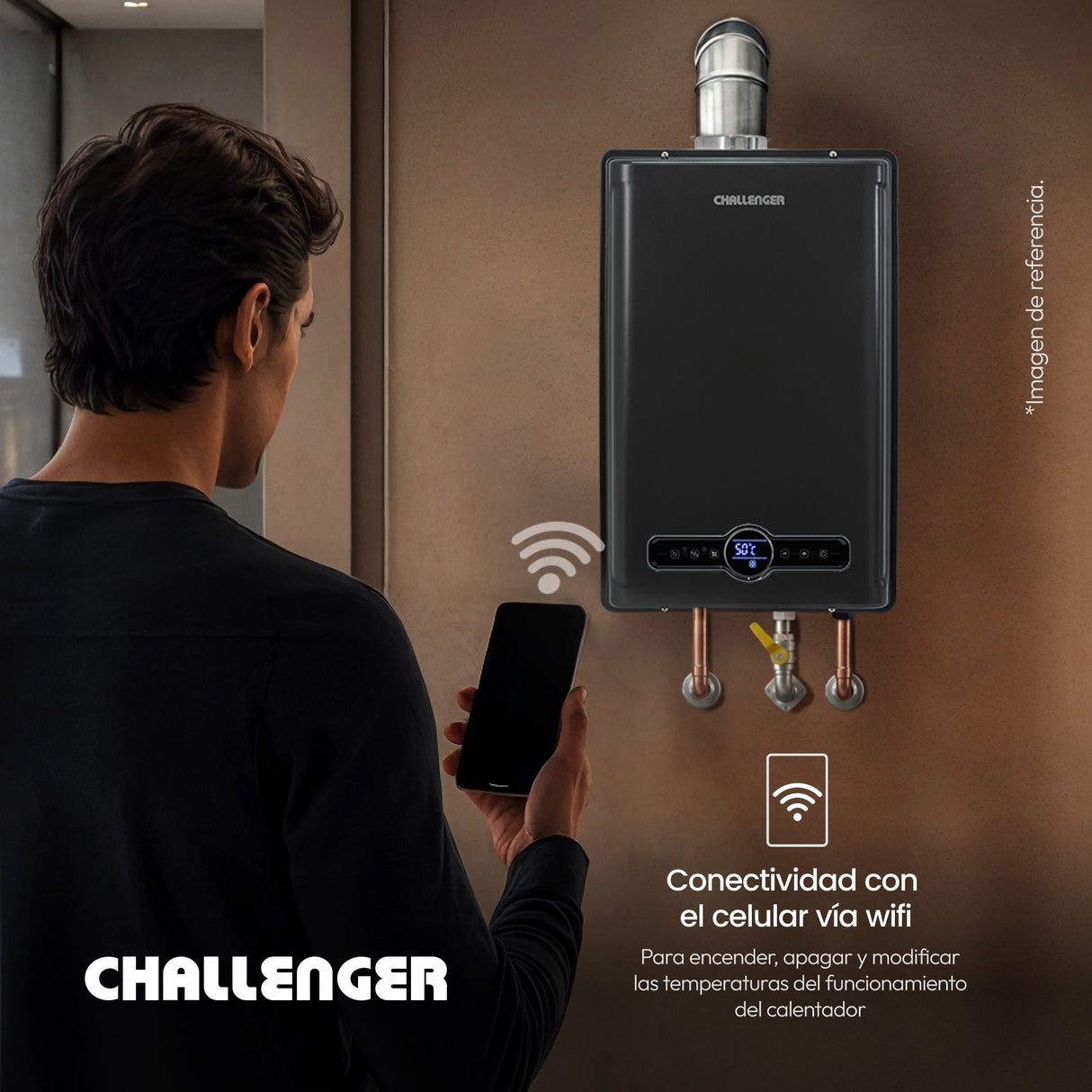 Calentador de Agua Challenger Negro 39x61.5cm De Paso Tiro Forzado para Gas Natural con Pantalla Digital