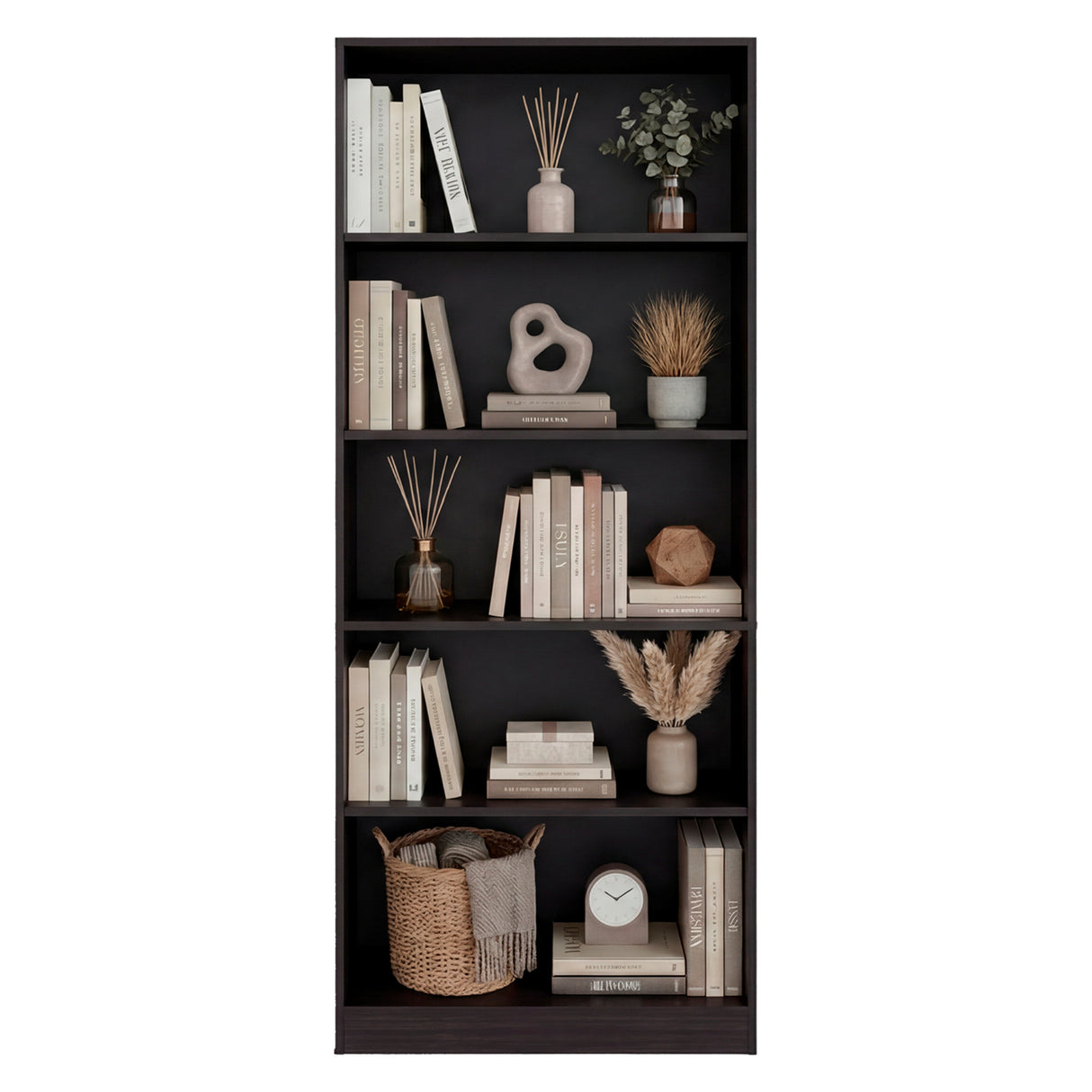 Biblioteca Basica Wengue 74.6x180.7cm Rectangular con Cinco Compartimientos y Cuatro Entrepaños