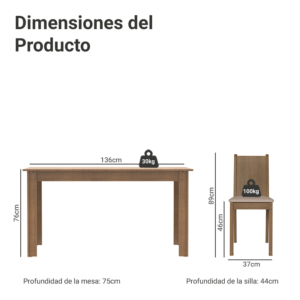 Juego de Comedor Analu Marrón y Beige 136x76cm Rectangular de Seis Puestos con Seis Sillas