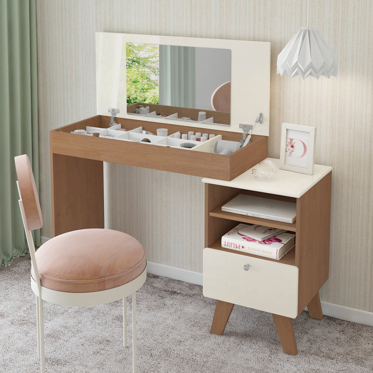 Escritorio Tocador Dora Café y Beige 120.5x118.5cm con Organizador de Libros y con Espejo Integrado