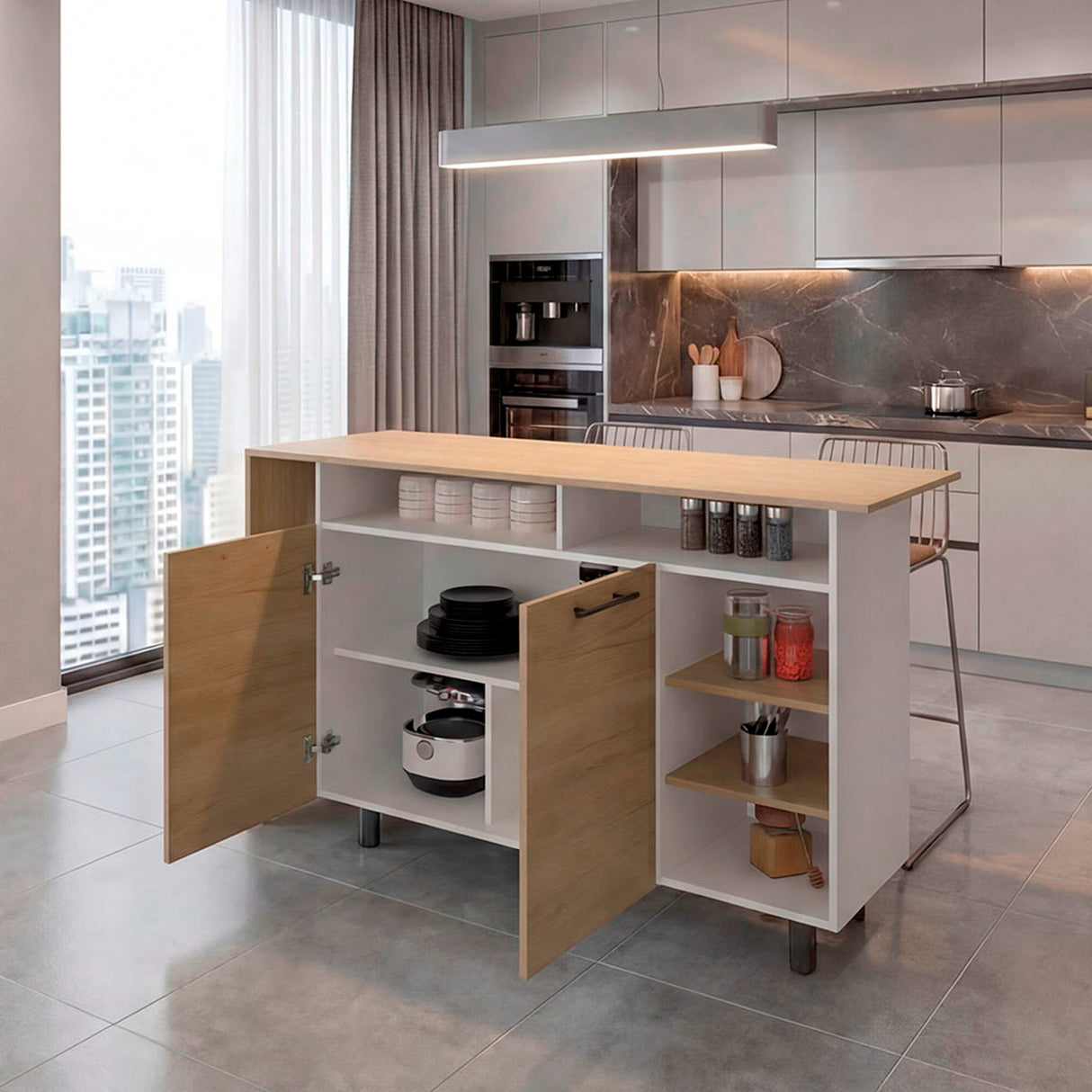 Mueble Auxiliar de Cocina Corcega Fresno y Blanco 150x89.5cm con Tres Entrepaños y Cinco Compartimientos