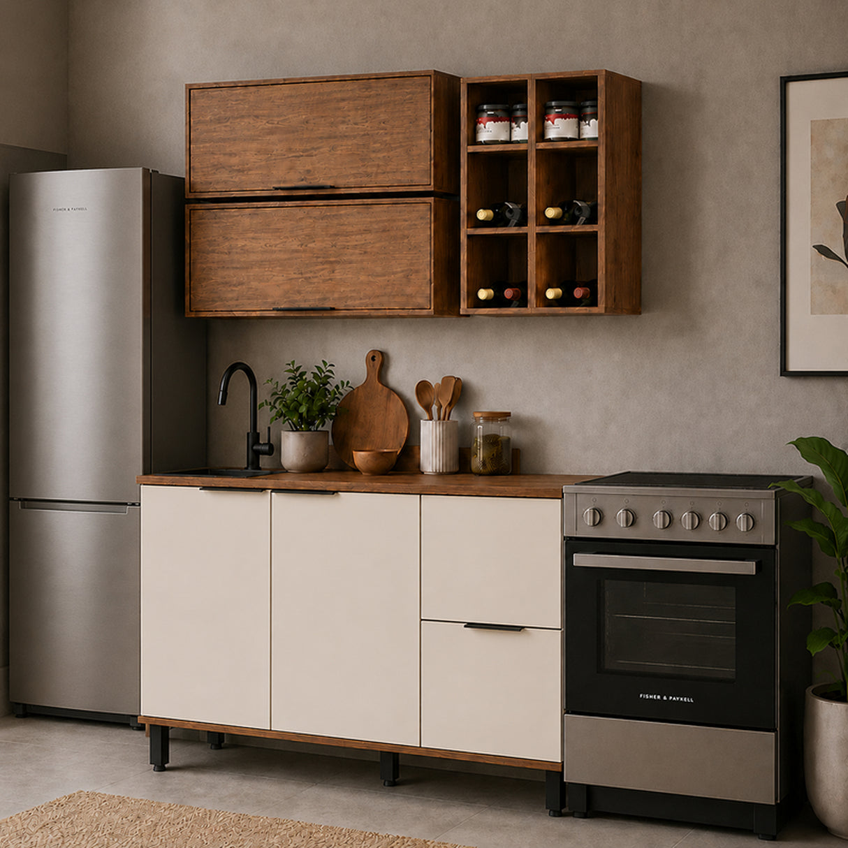 Cocina Tahiti Natural y Blanco Apagado 80x37cm con Cuatro Puertas sin Mesón y Sin Estufa