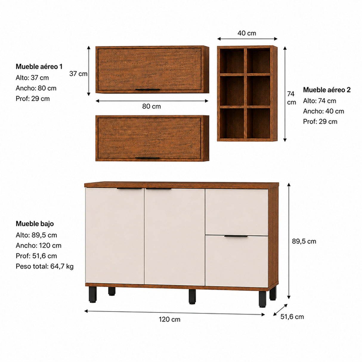 Cocina Tahiti Natural y Blanco Apagado 80x37cm con Cuatro Puertas sin Mesón y Sin Estufa