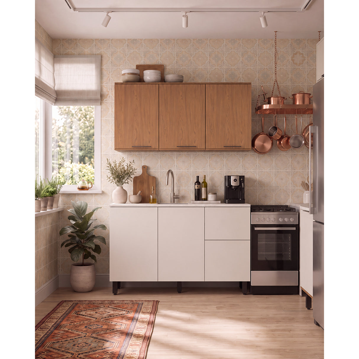 Cocina Dominica Natural y Blanco Apagado 120x145.5cm con Cinco Puertas sin Mesón y Sin Estufa