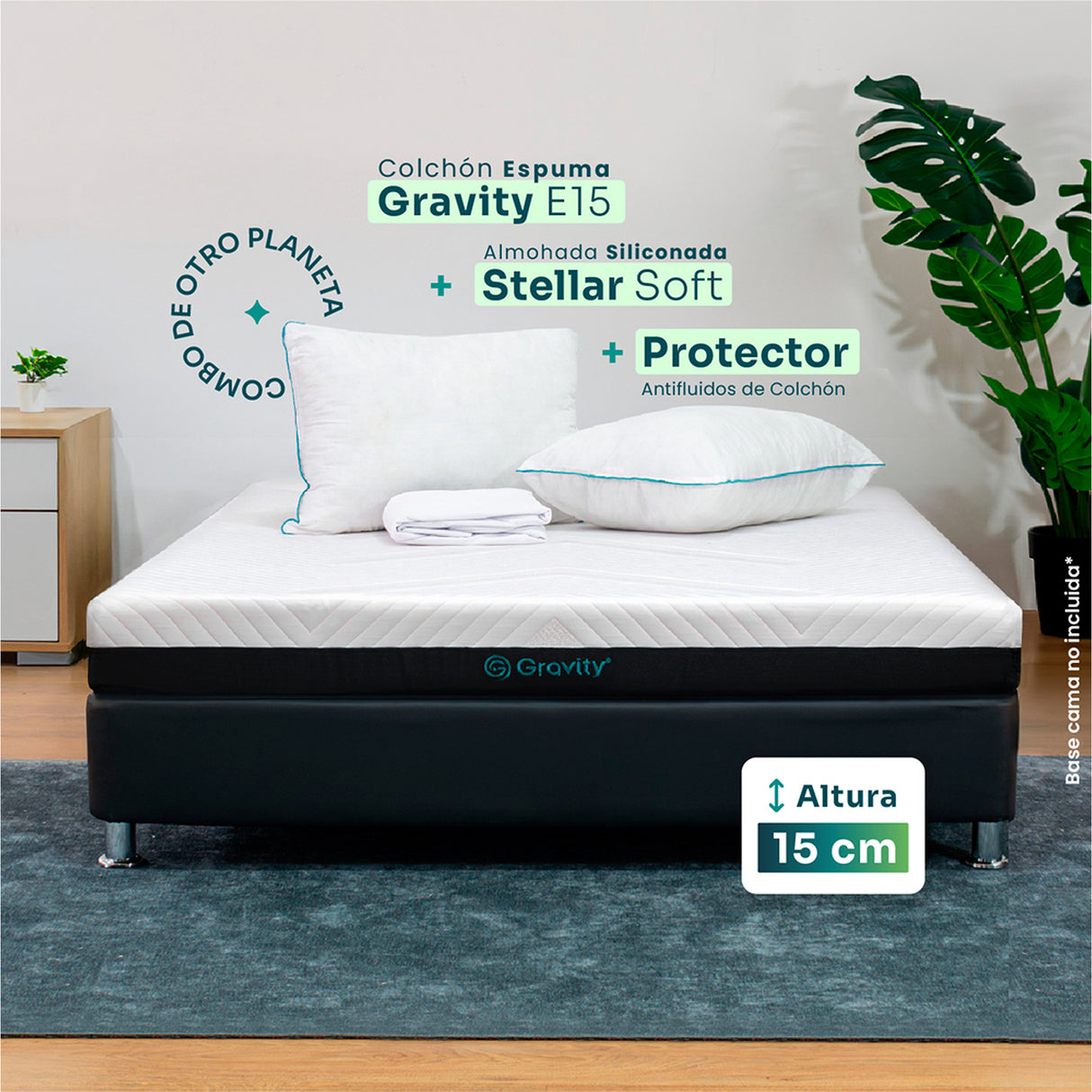 Combo Colchón Enrollado Gravity E15 Blanco Doble 140 X 190 Cm Ortopedico Firmeza Medio con Dos Almohada Stellar Soft y Un Protector de Colchón