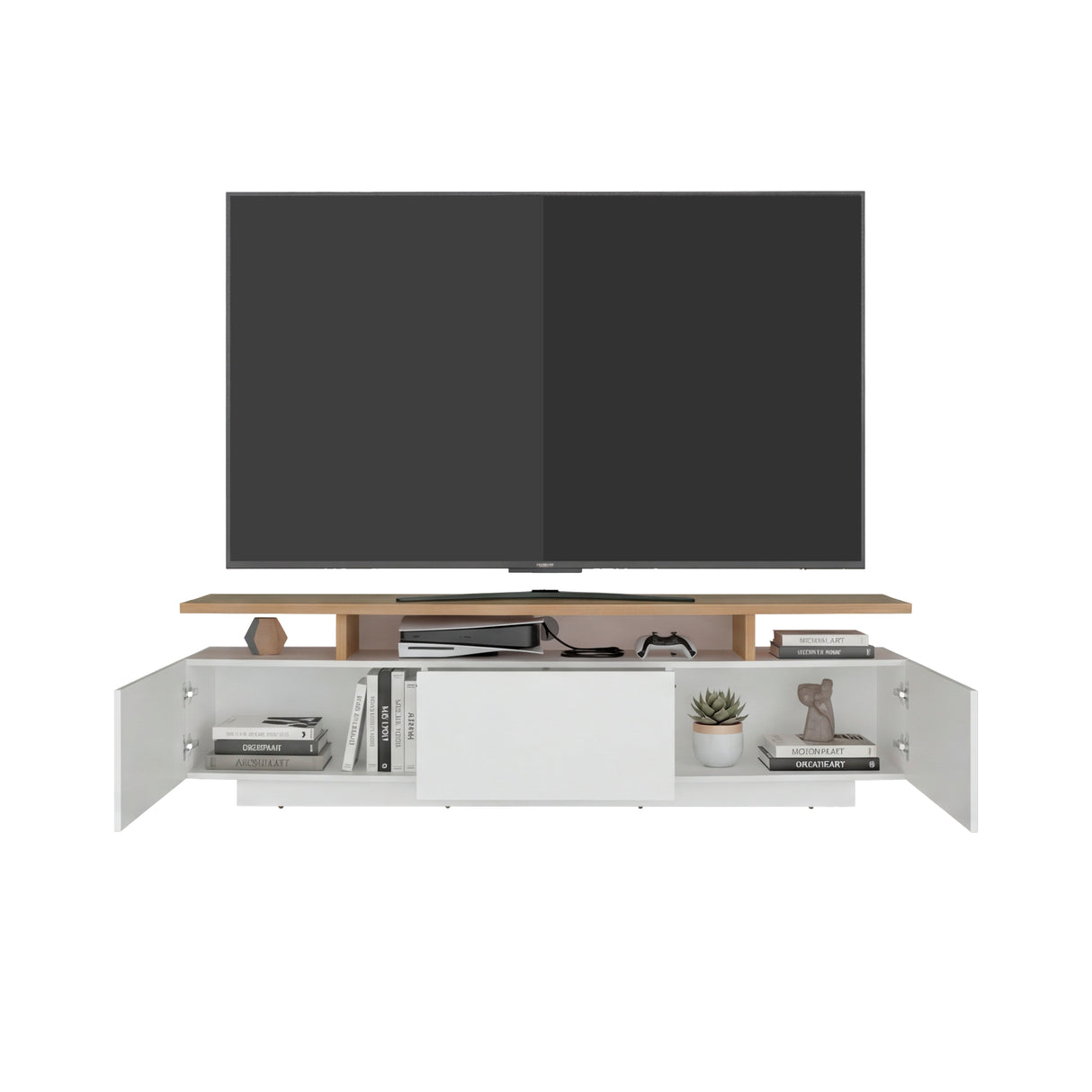 Rack de TV Serena Blanco y Fresno Europeo 180x51.1cm para TV Hasta 65" Pulgadas con Un Cajón y con Tres Compartimientos