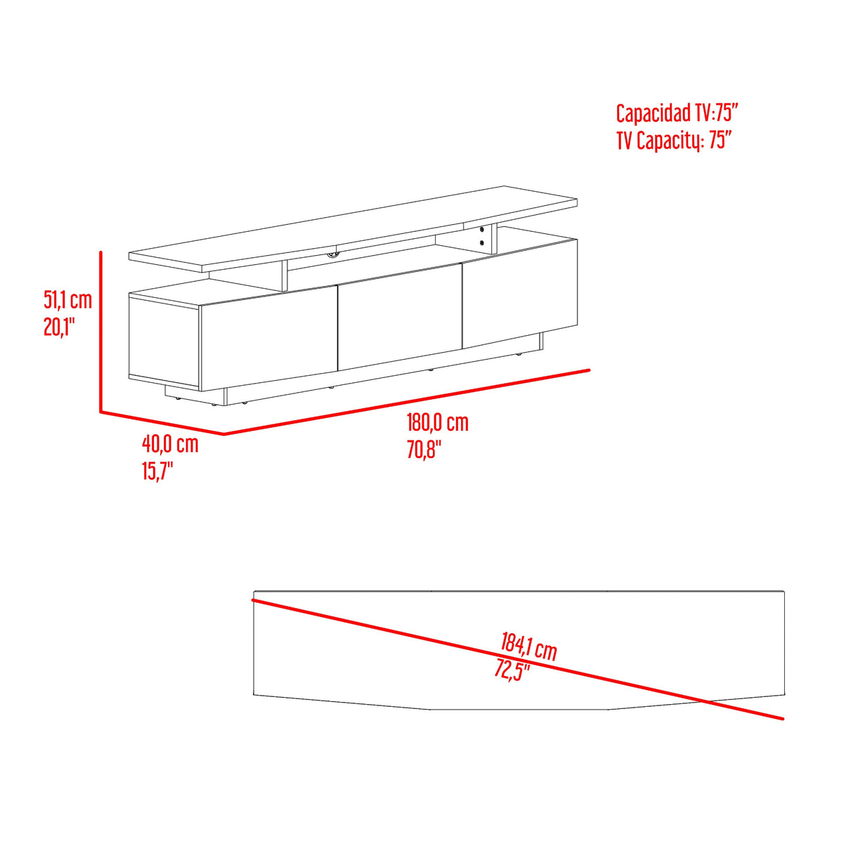 Rack de TV Serena Blanco y Fresno Europeo 180x51.1cm para TV Hasta 65" Pulgadas con Un Cajón y con Tres Compartimientos