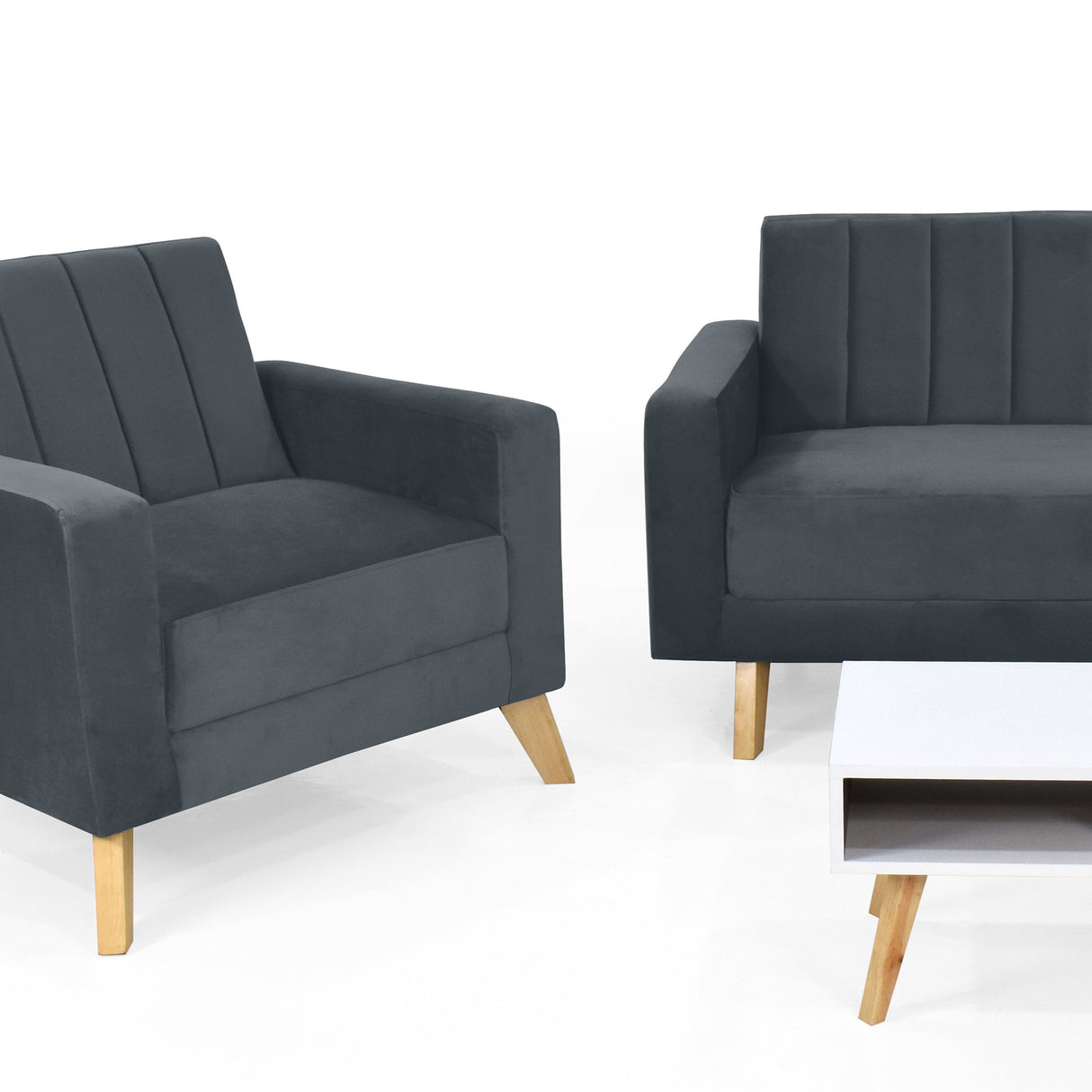 Sala Baru Gris y Matiz Natural 150x82cm de Tres Puestos con Una Poltrona y Una Mesa de Centro Barza