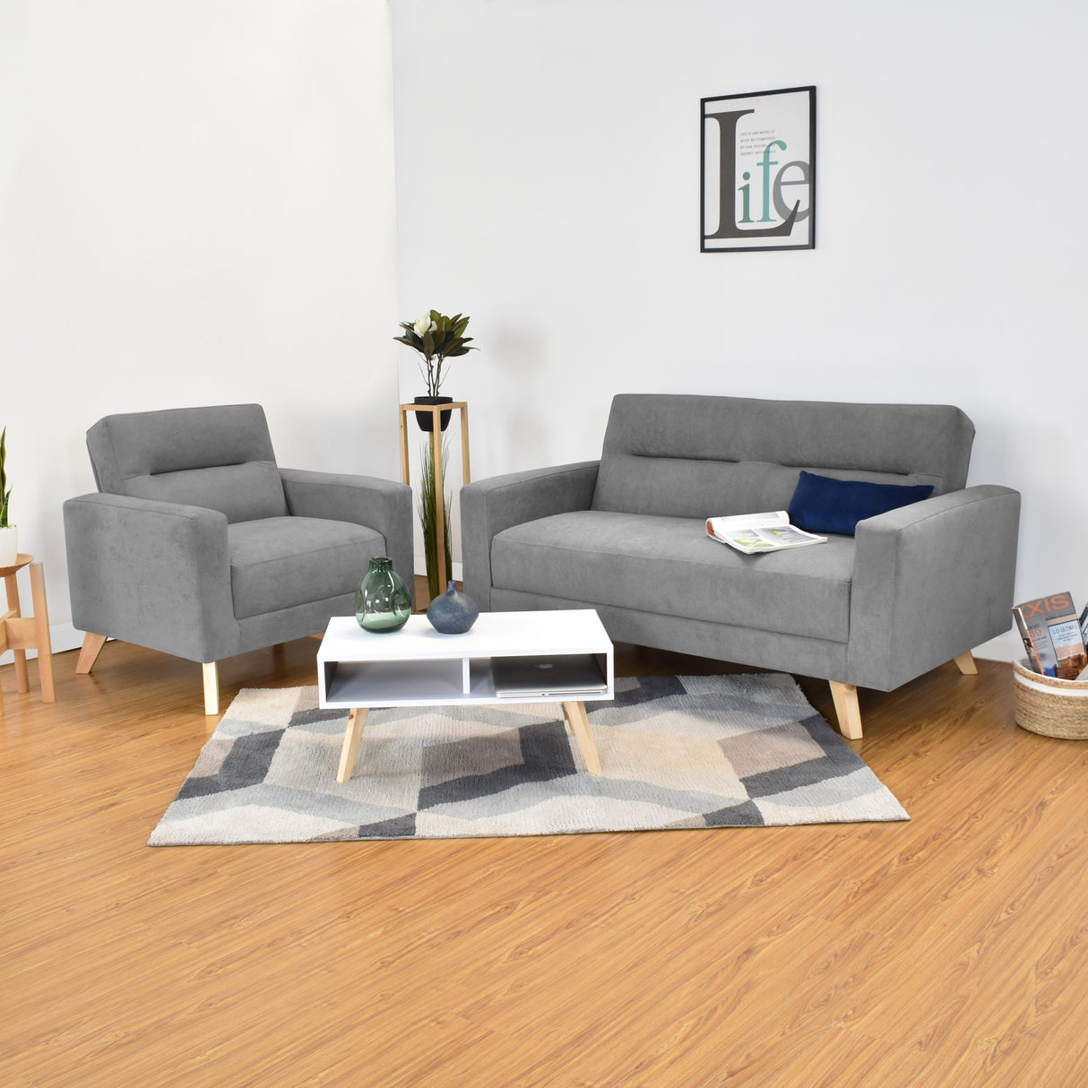 Sala Barza Gris y Matiz Natural 150x82cm de Tres Puestos y con Apoya Brazos