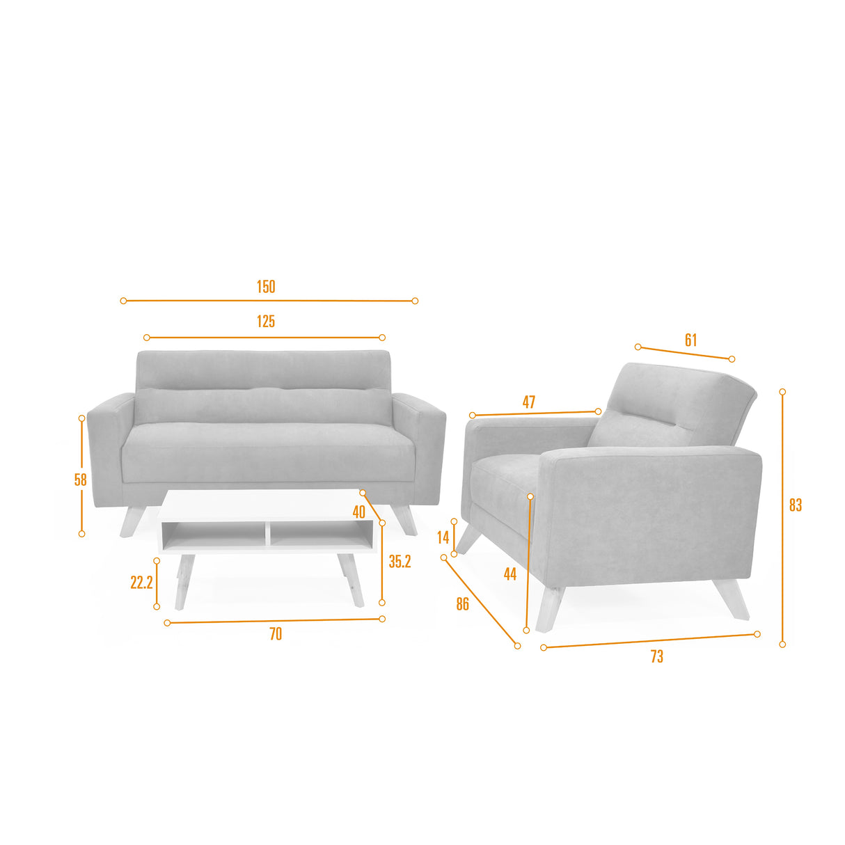 Sala Barza Gris y Matiz Natural 150x82cm de Tres Puestos y con Apoya Brazos