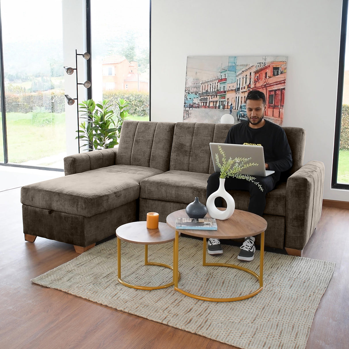 Sofá Cama en L Derecho Apolo Taupe y Matiz Caoba 220x92cm de Tres Puestos Reclinable con Almacenamiento y con Apoya Brazos