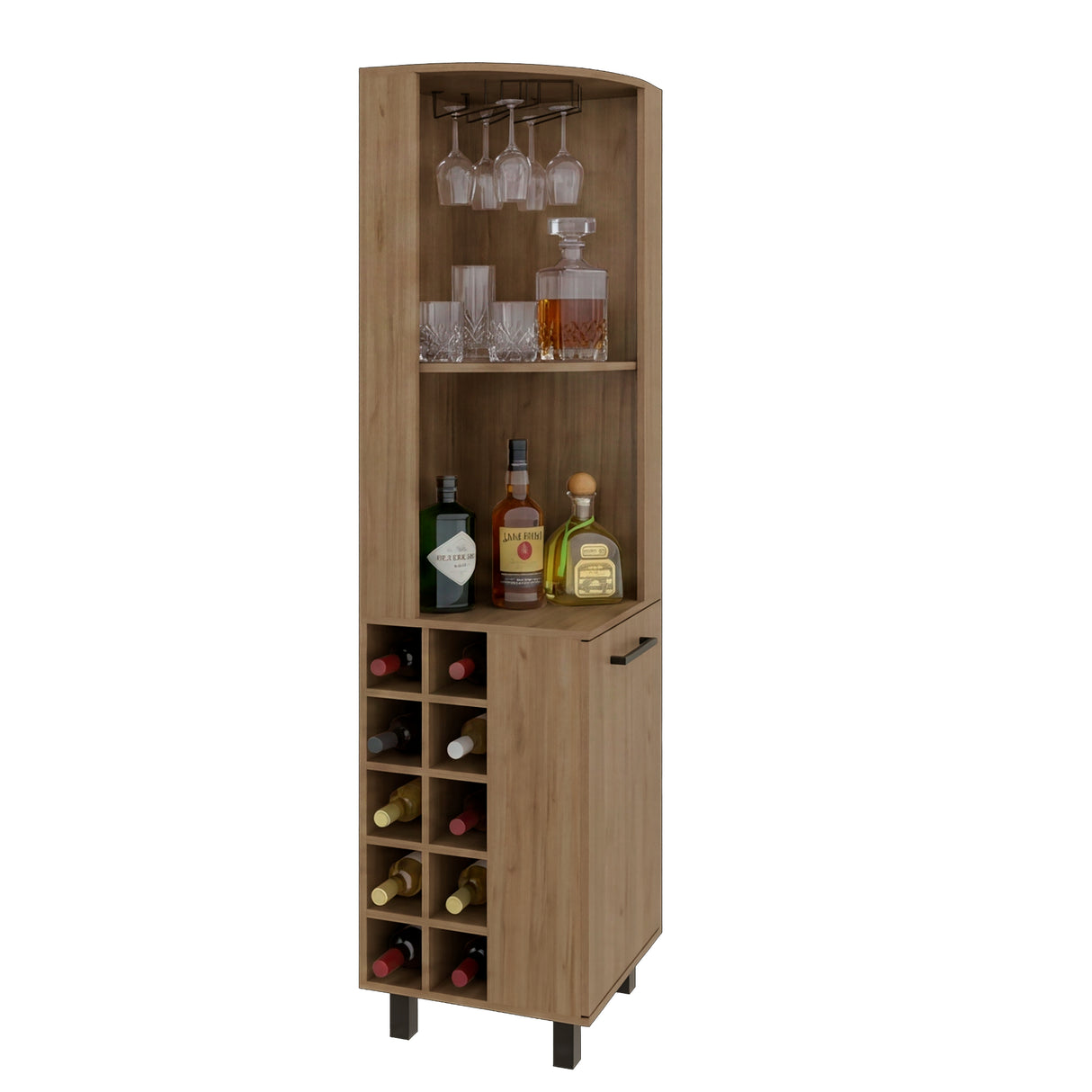 Bar Esquinero Kaia Fresno 45x180cm con Doce Compartimientos y con Diez Portabotellas