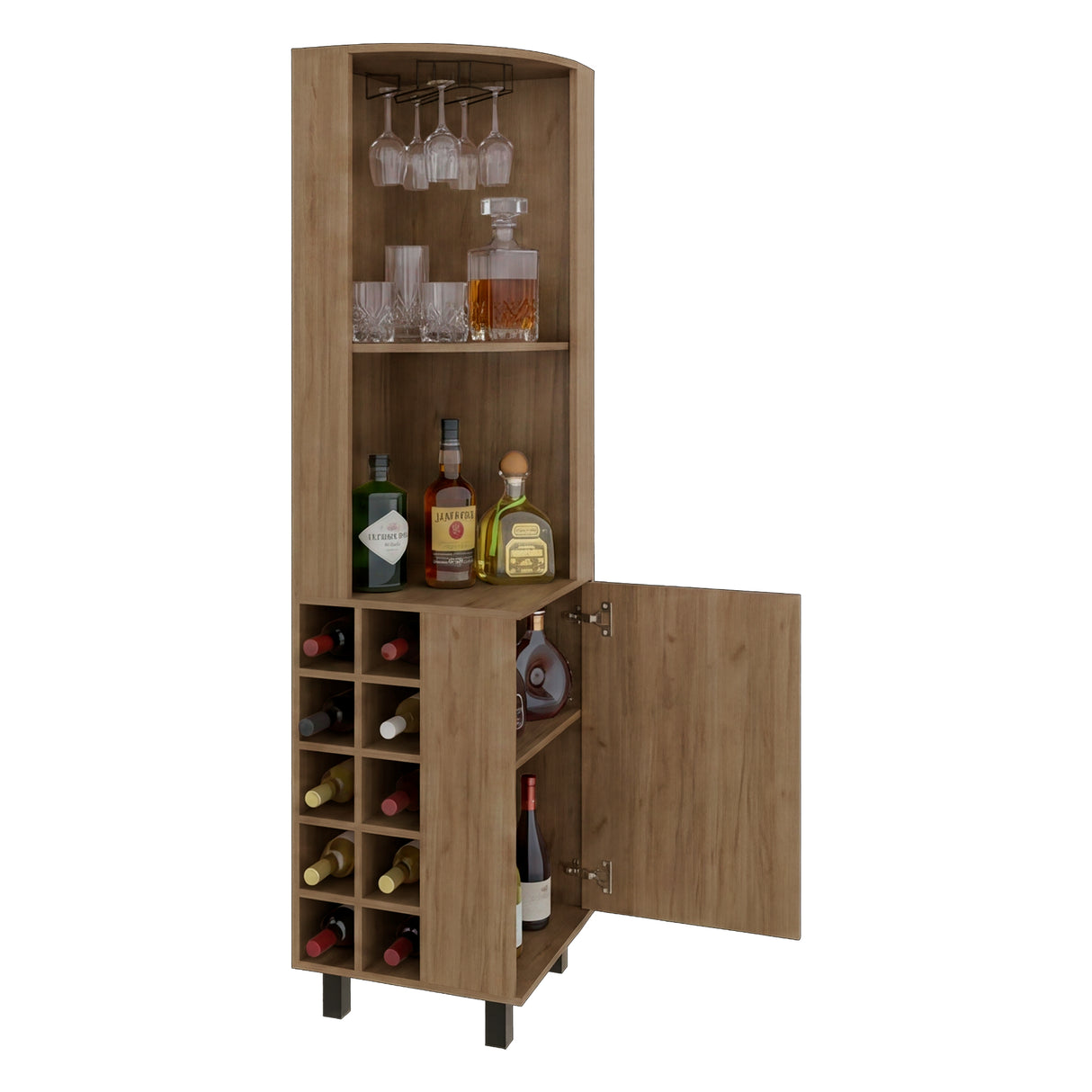 Bar Esquinero Kaia Fresno 45x180cm con Doce Compartimientos y con Diez Portabotellas