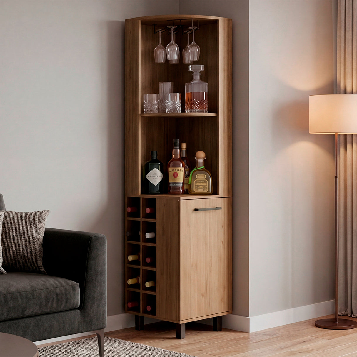 Bar Esquinero Kaia Fresno 45x180cm con Doce Compartimientos y con Diez Portabotellas