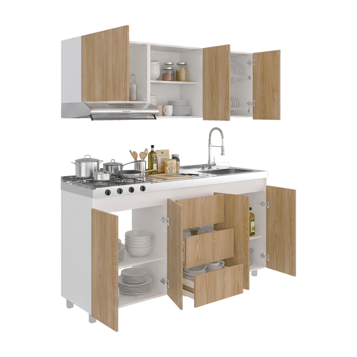 Cocina Boreal Blanco Fresno 180x210cm con Mesón de Acero Inoxidable Lado Derecho y sin Estufa