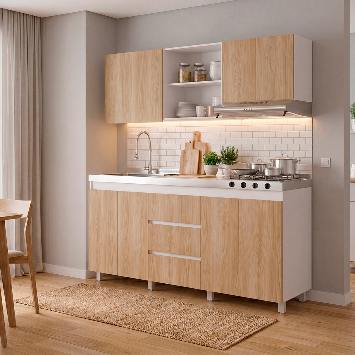 Cocina Boreal Blanco Fresno 180x210cm con Mesón de Acero Inoxidable Lado Izquierdo y sin Estufa