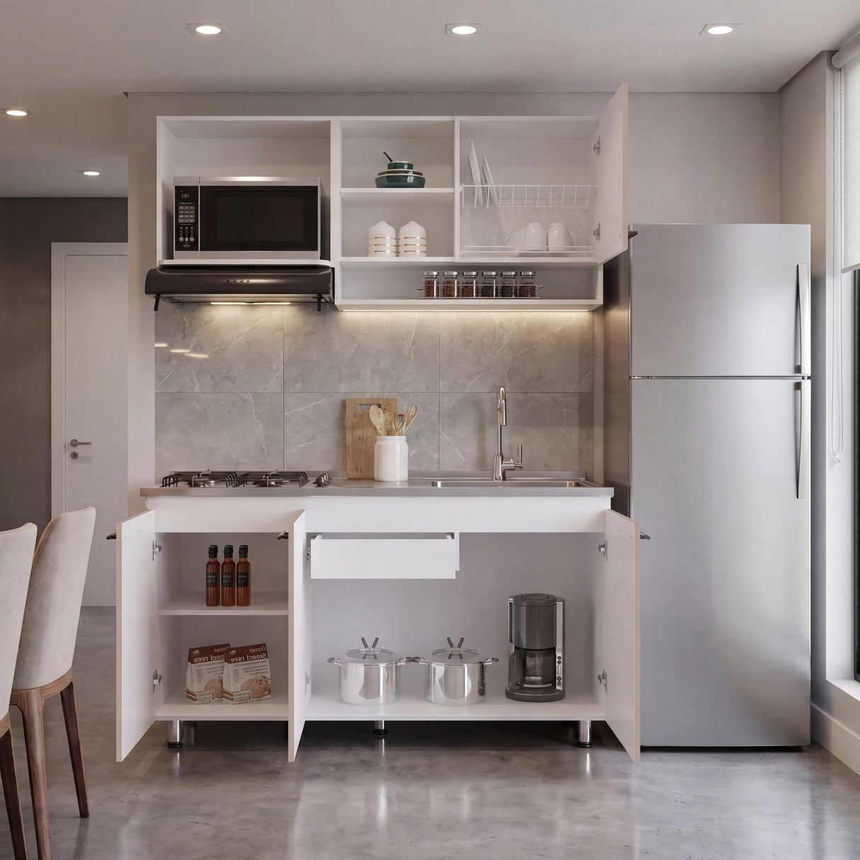 Cocina Orquidea Blanco Positano 150x210cm con Mesón de Acero Inoxidable Lado Derecho y sin Estufa