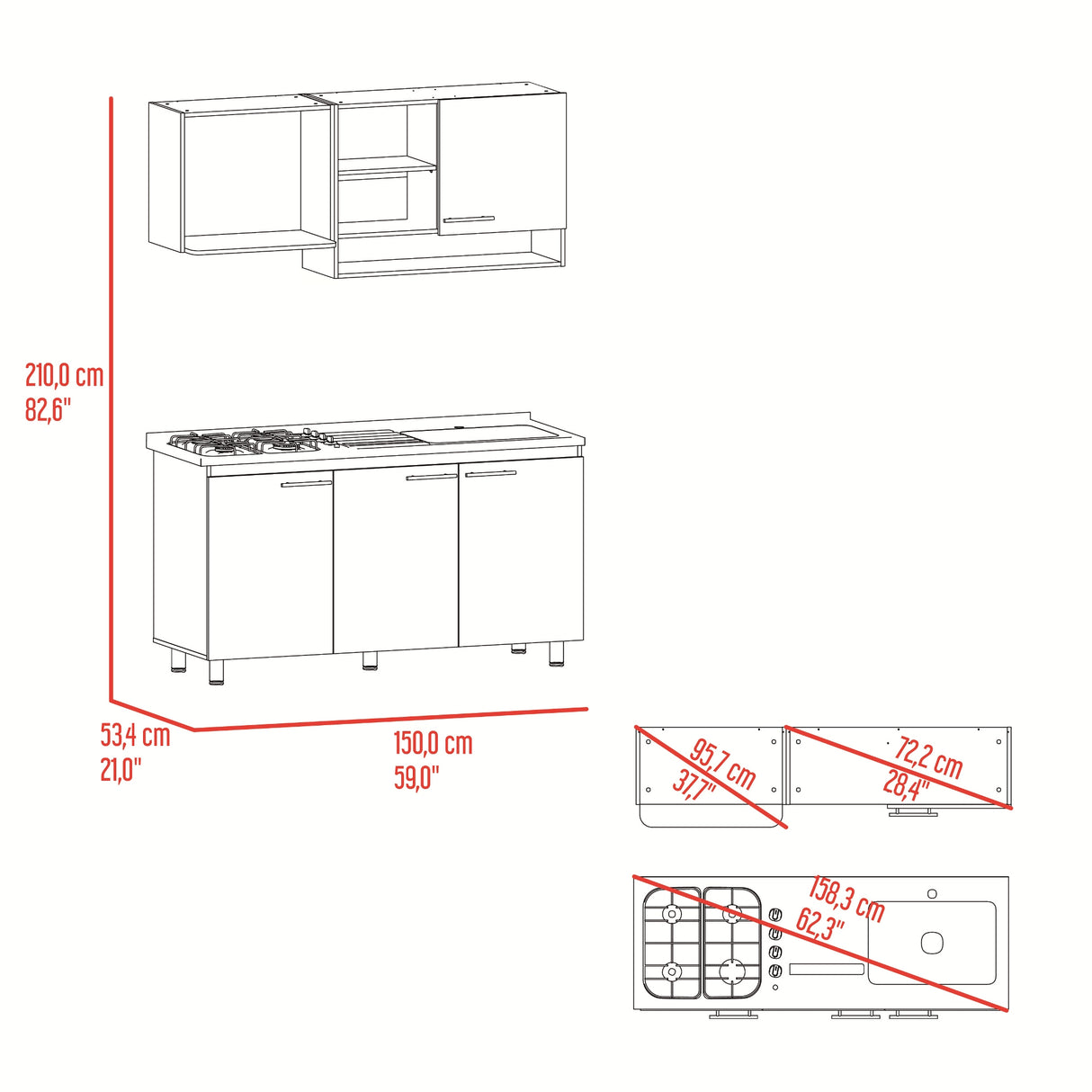 Cocina Orquidea Blanco Positano 150x210cm con Mesón de Acero Inoxidable Lado Derecho y sin Estufa