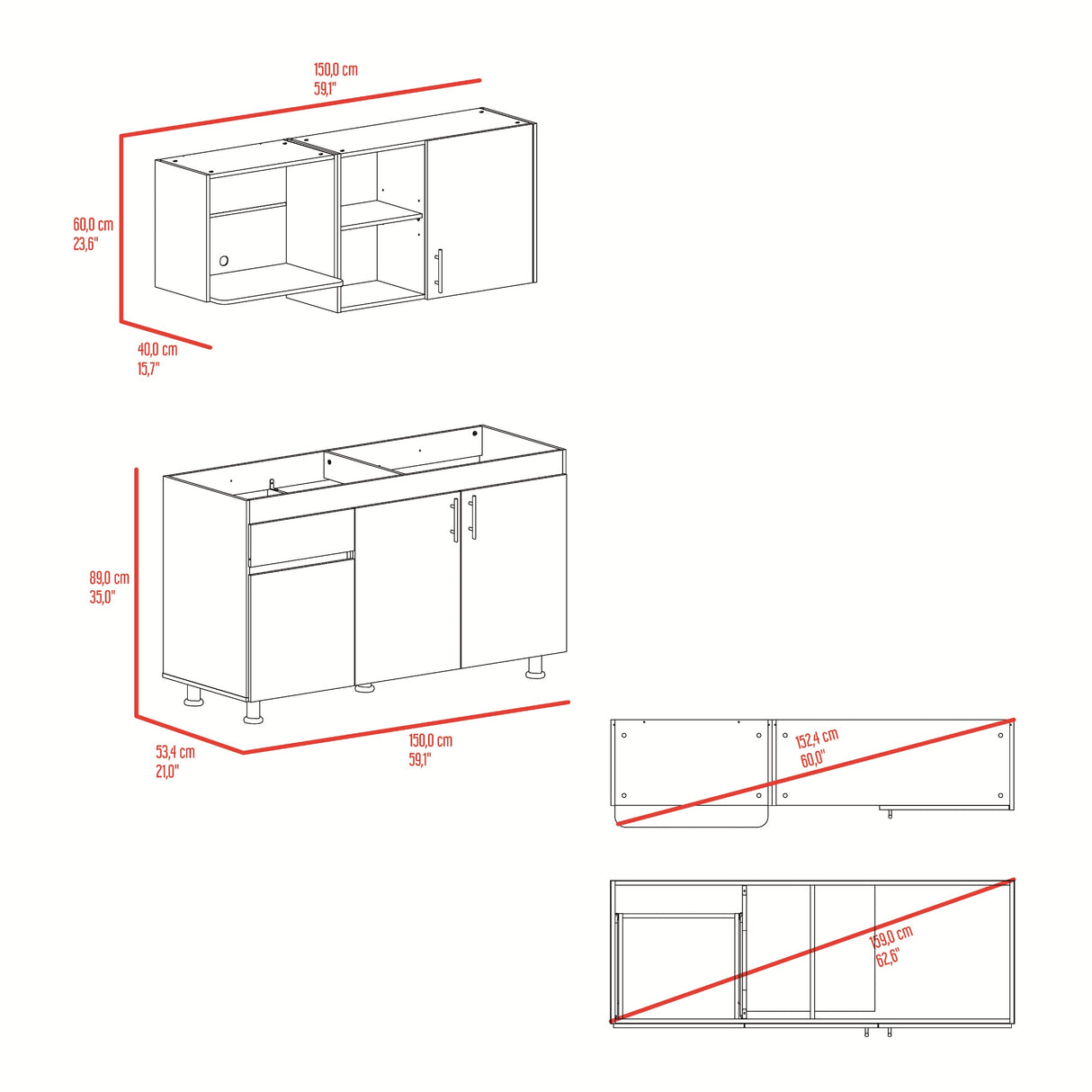 Cocina Ladson Blanco Positano 150x210cm para Mesón Derechosin Mesón y sin Estufa