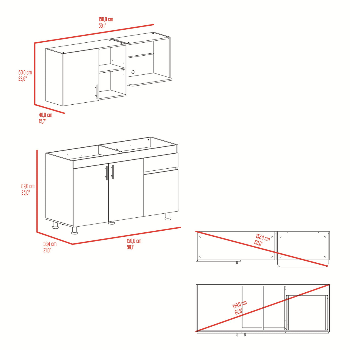 Cocina Ladson Blanco Positano 150x210cm para Mesón Izquierdo sin Mesón y sin Estufa