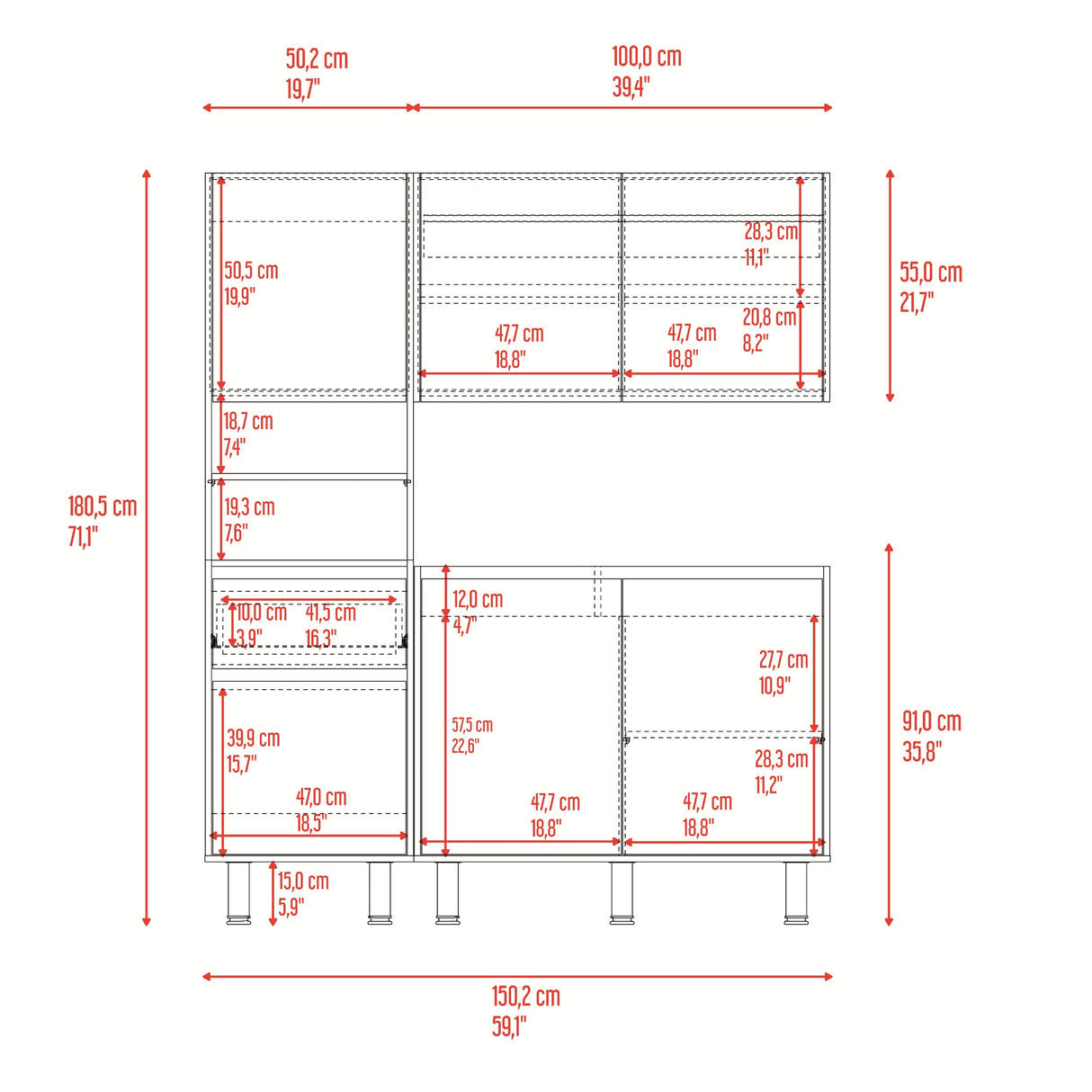 Cocina Dali Fresno y Wengue 150.2x180.5cm para Mesón Derecho sin Mesón y sin Estufa