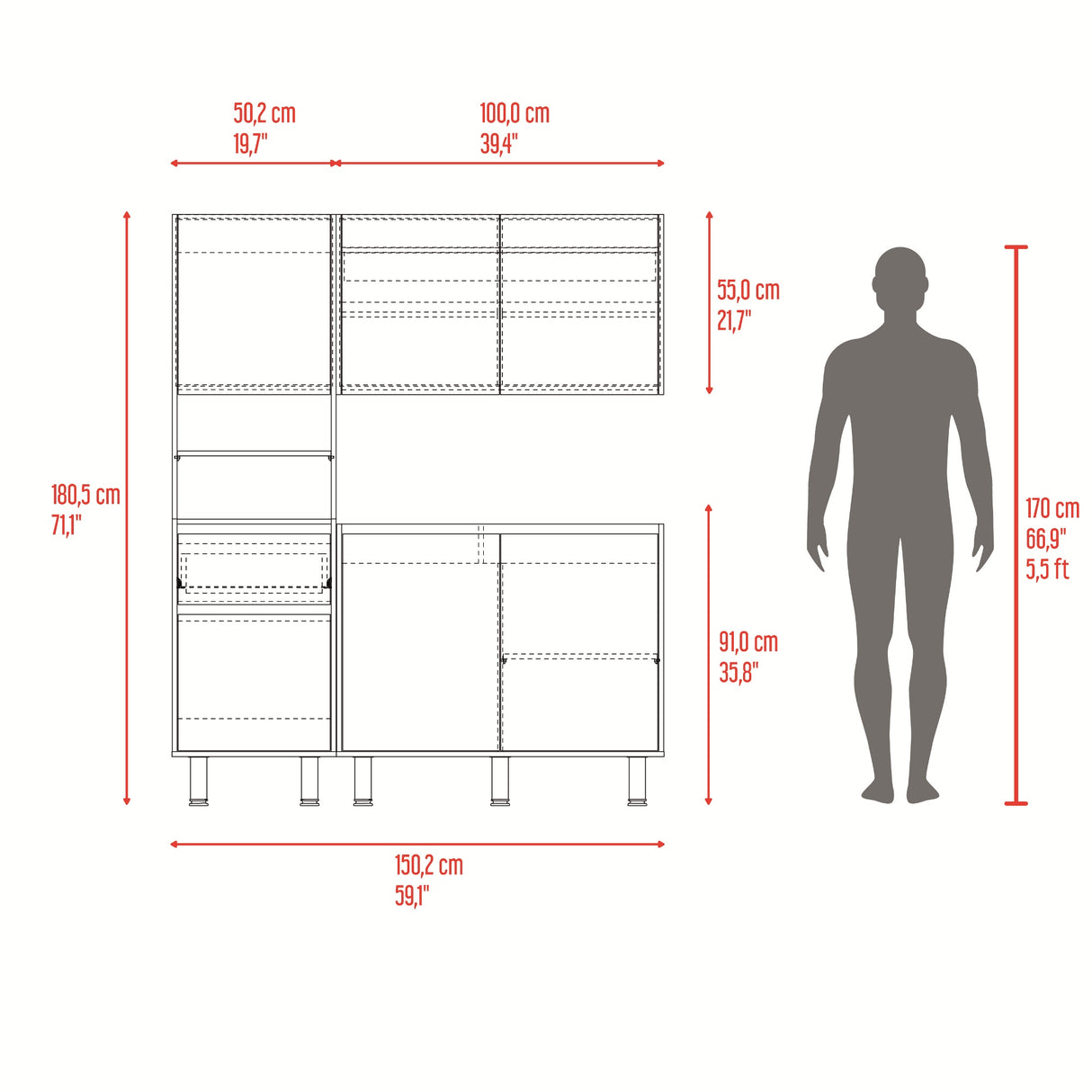 Cocina Dali Fresno y Wengue 150.2x180.5cm para Mesón Derecho sin Mesón y sin Estufa