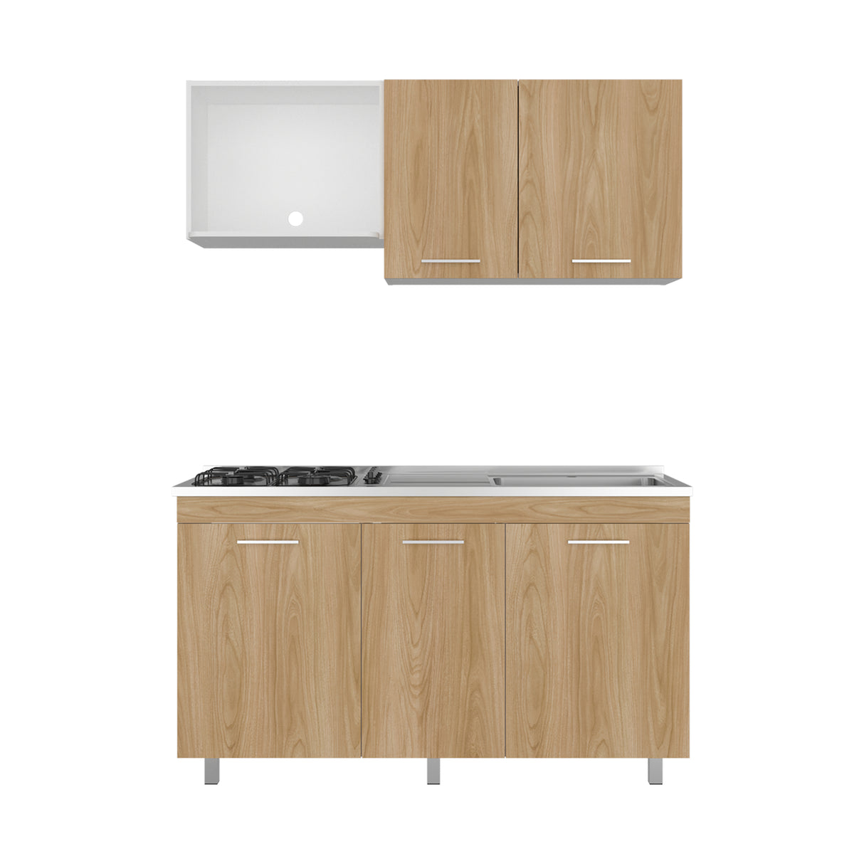 Cocina Miro Blanco y Fresno 150x210cm con Mesón de Acero Inoxidable Lado Derecho y sin Estufa